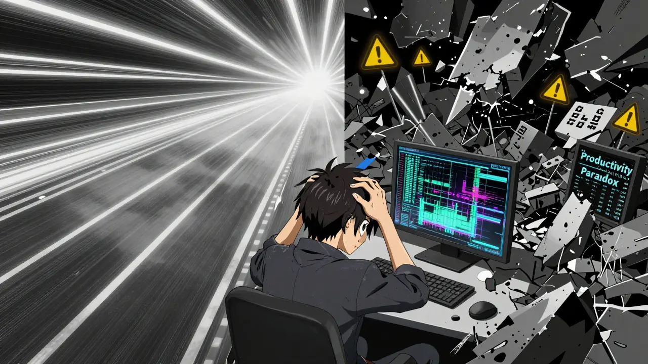 Split screen showing fast development versus system instability with a stressed developer.