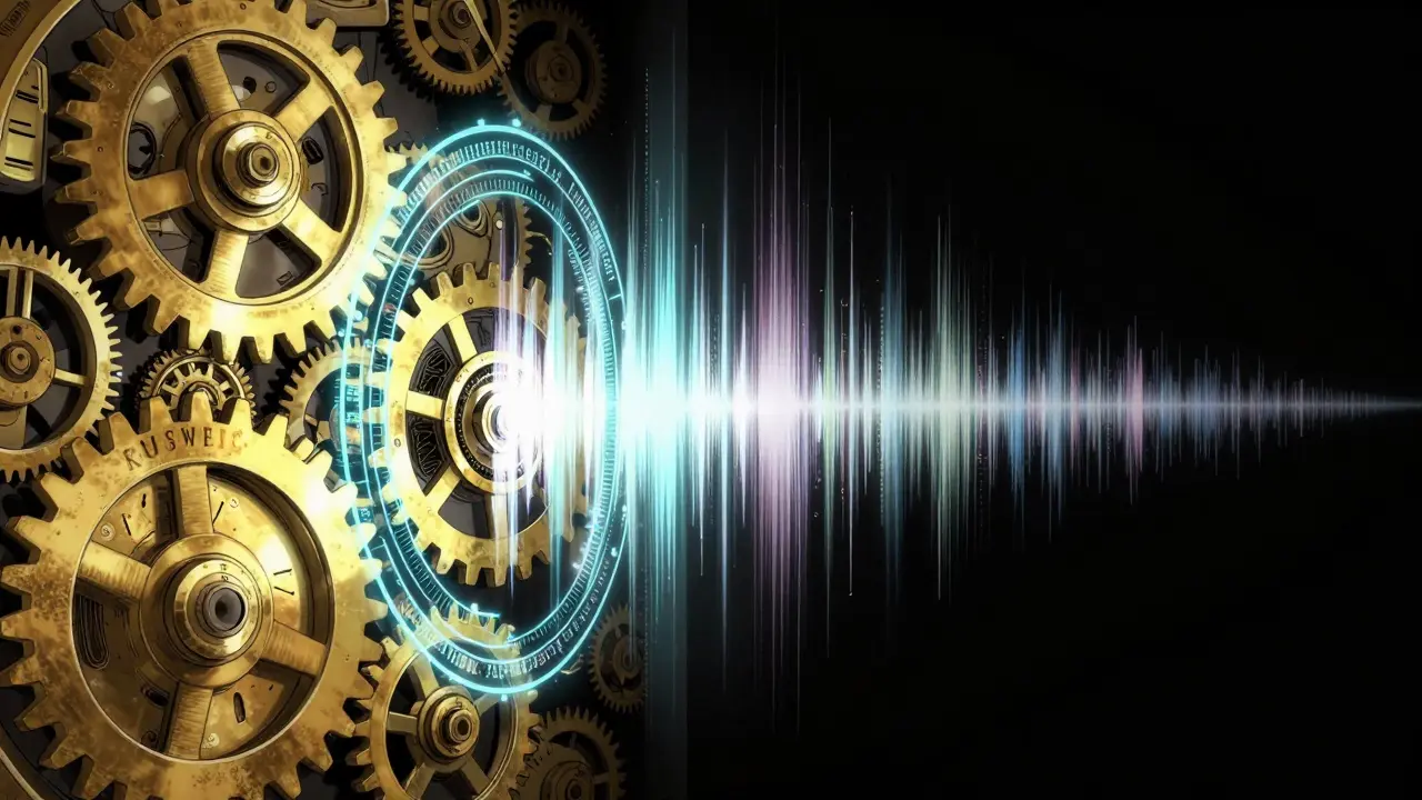 Split view of golden rotating gears and a fading digital sequence in Gekiga anime style.