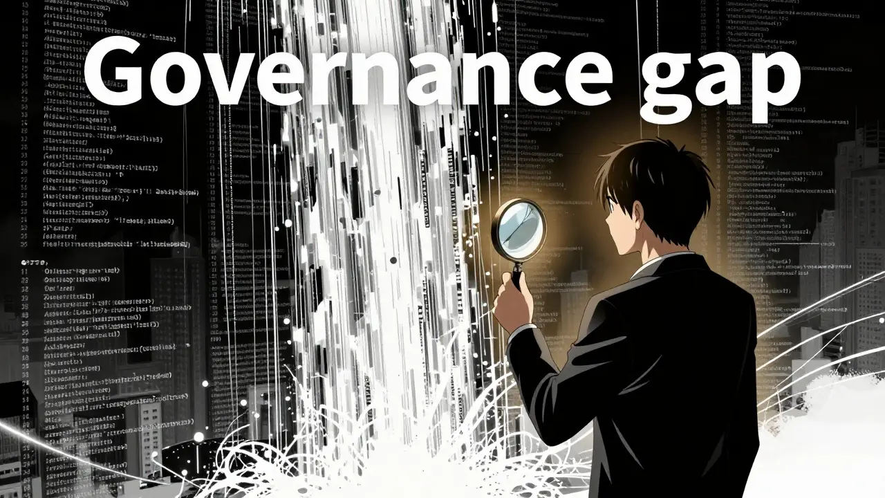 Weary architect auditing a waterfall of AI-generated code with high-contrast lighting.