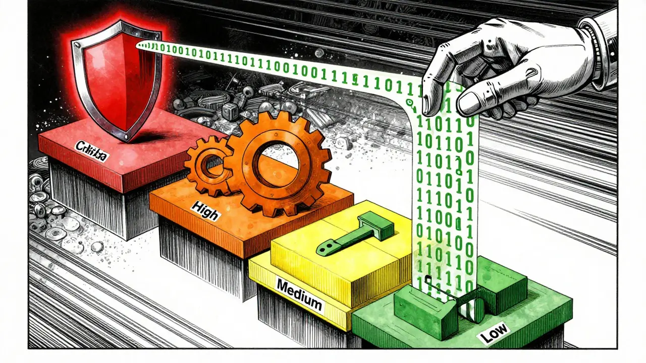 Abstract illustration of data sorting into four security tiers using mechanical hands and binary streams in manga art.