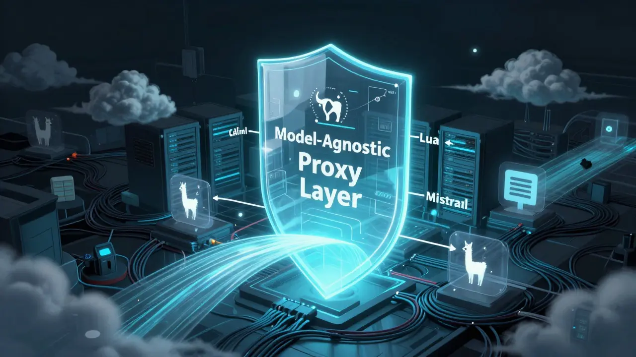 Abstract visualization of a proxy layer enabling flexible AI model switching