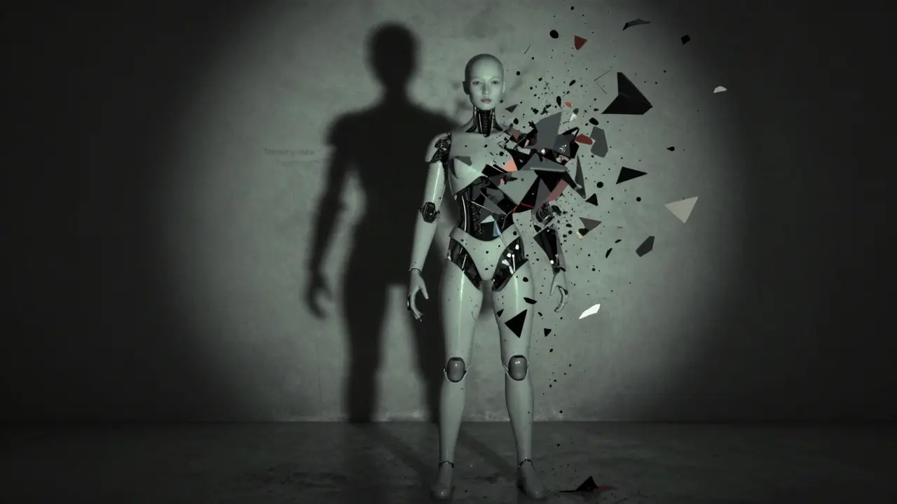 AI entity fracturing into chaos symbolizing hallucinations and errors