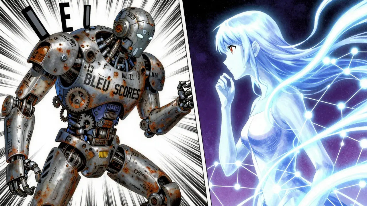 AI Judge entity evaluating obsolete BLEU robot in dramatic Gekiga art