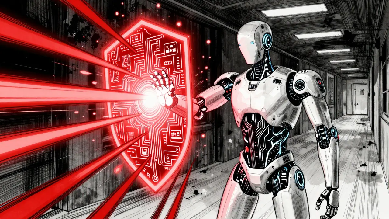 AI robot blocking red data breach with glowing code shield
