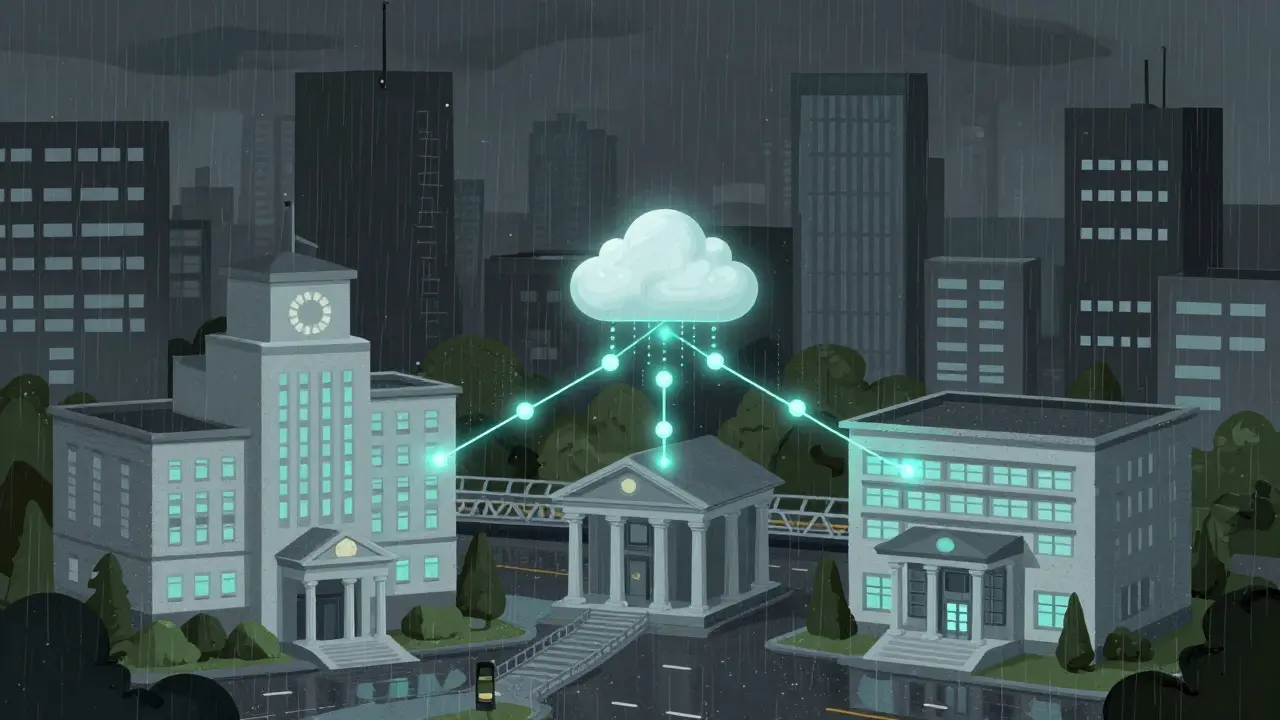 Anime style scene of federated learning connecting institutions