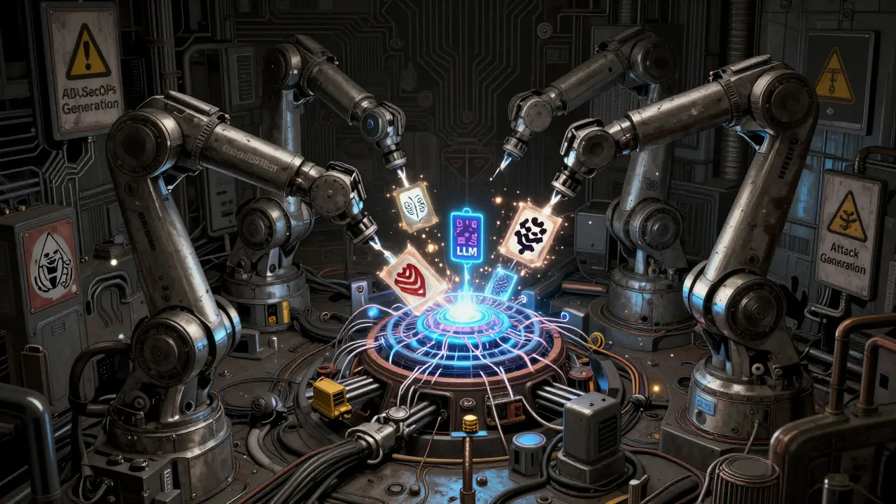 Automated security testing robots probing an AI core in industrial manga art