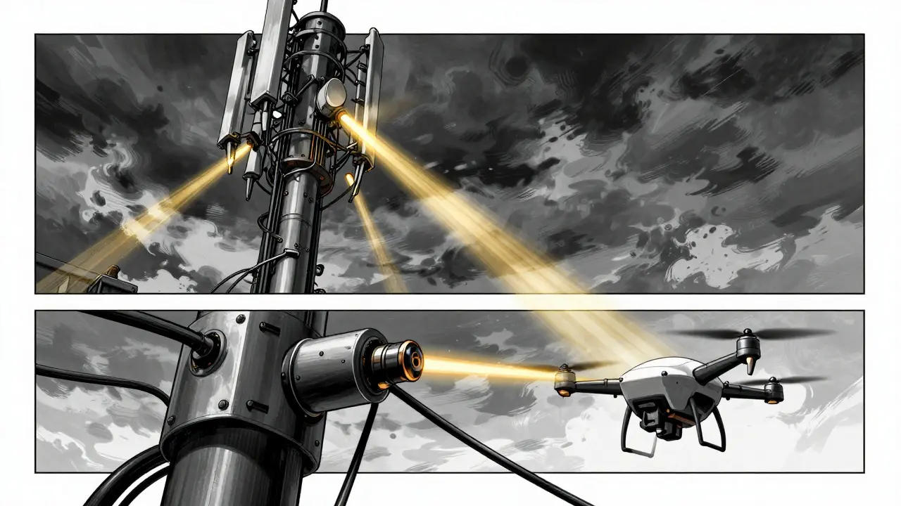 Cell tower with golden AI beams detecting issues while a drone performs autonomous repairs.