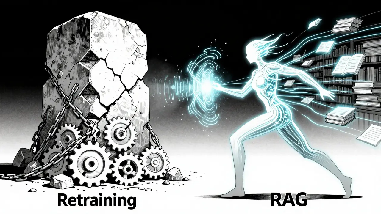 Conceptual battle between rigid retraining and agile RAG systems.