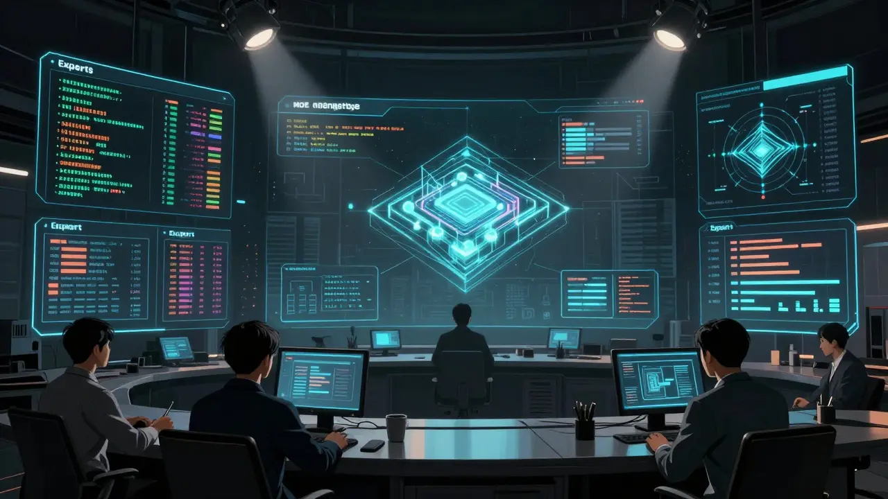 Cyberpunk Gekiga scene of AI experts handling financial fraud detection in a control room