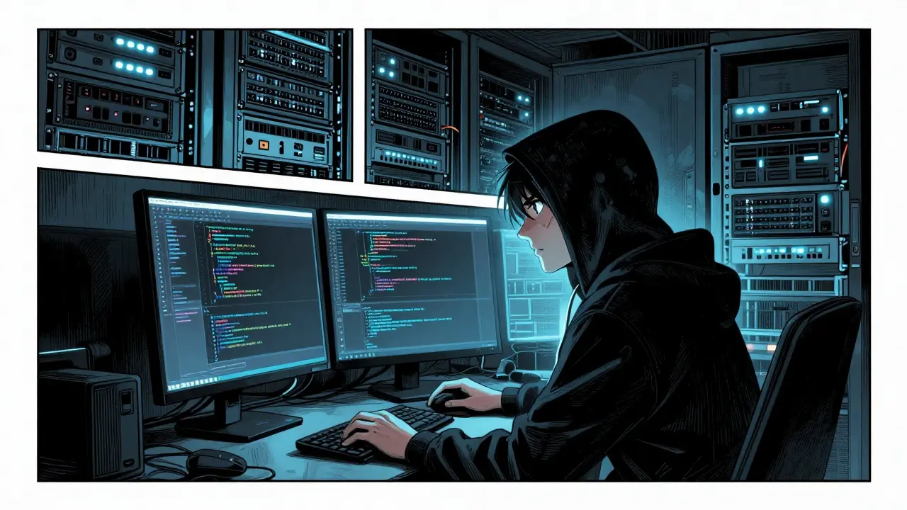 Developer coding intensely in a dark server room with blue monitor light.