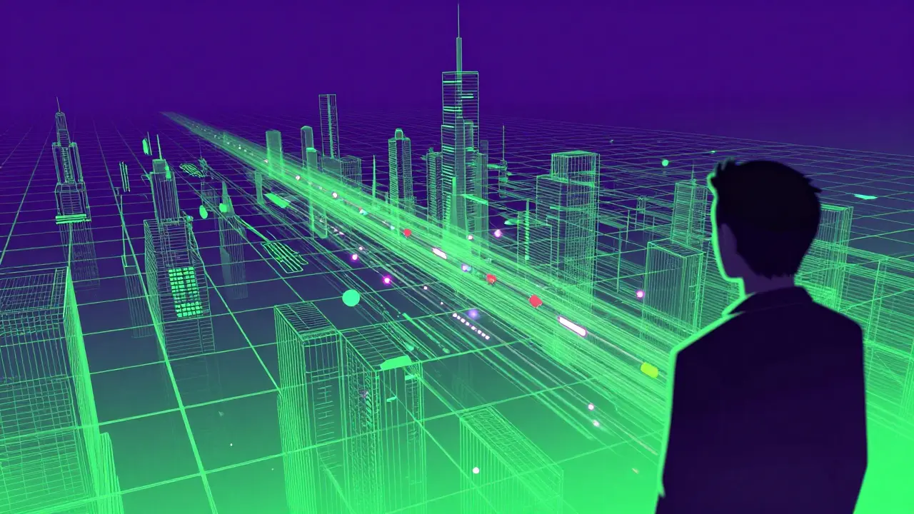Digital twin simulation of a city network grid with flowing data particles in purple and green.