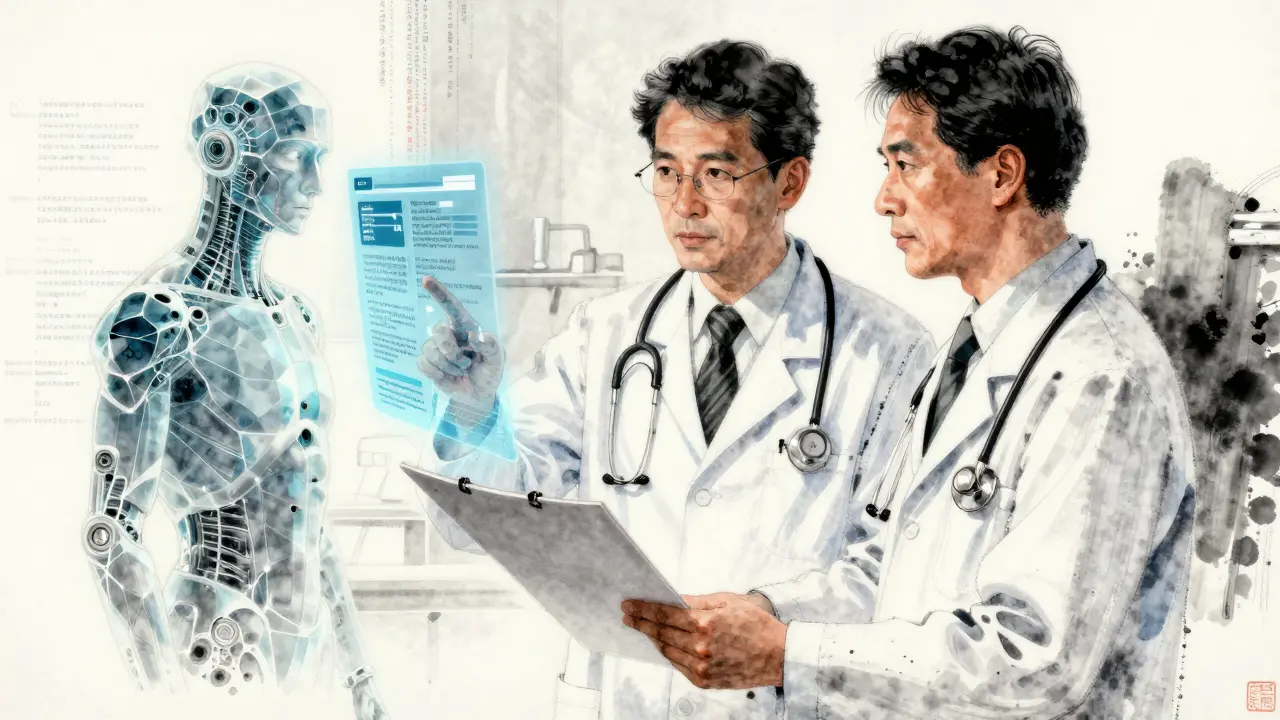 Doctor and AI avatar collaborating on a patient care plan with human oversight.