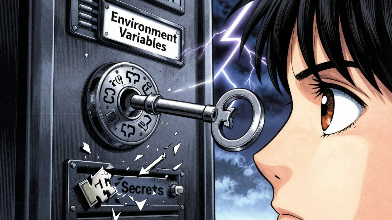 Dramatic close-up of a digital lock rejecting hardcoded secrets in favor of environment variables in Gekiga style.