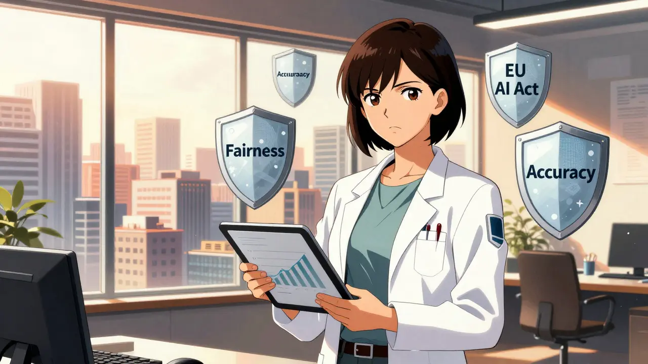 Engineer holding tablet with balanced charts, diverse cityscape in background