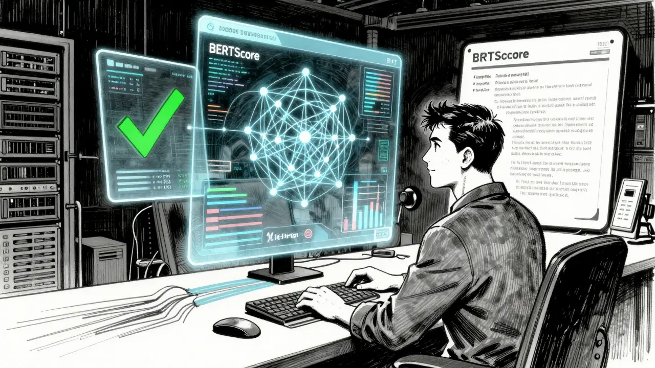 Engineer monitoring layered NLP evaluation systems in Gekiga style
