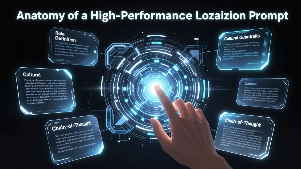 Futuristic interface showing structured components of a localization prompt.
