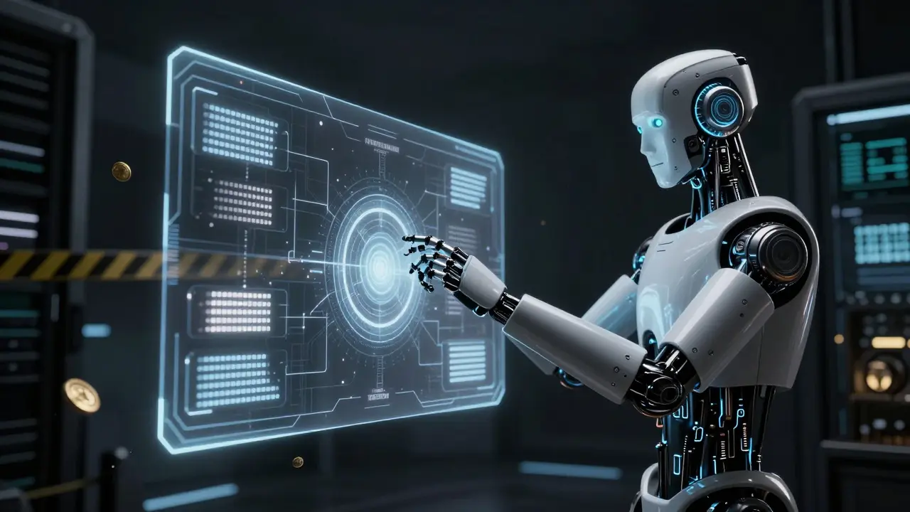 Futuristic robot interfacing with holographic AI data in a dark server room