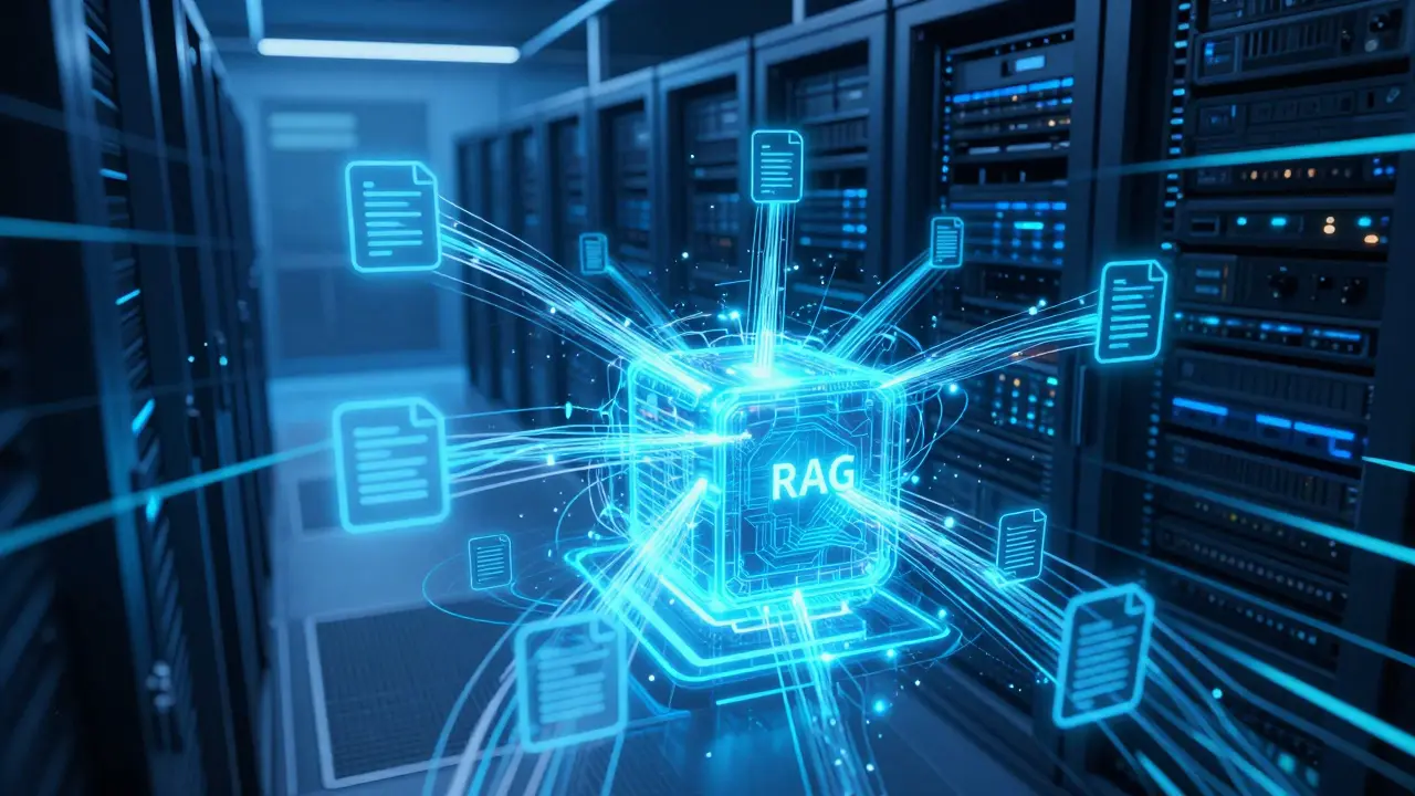 Futuristic server room with glowing data streams and vector database