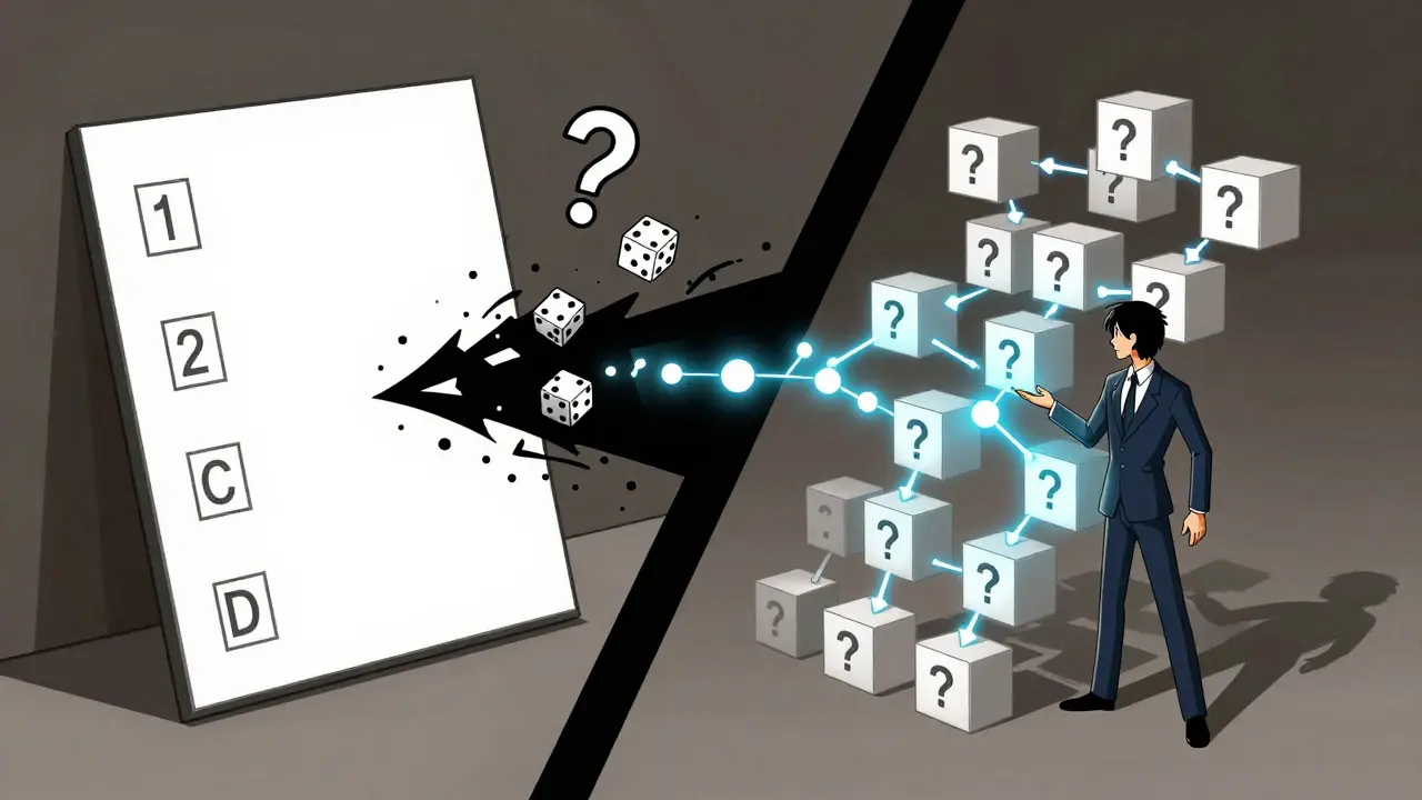 Gekiga illustration contrasting easy guessing with deep logical reasoning in MMLU-Pro evaluation benchmarks.