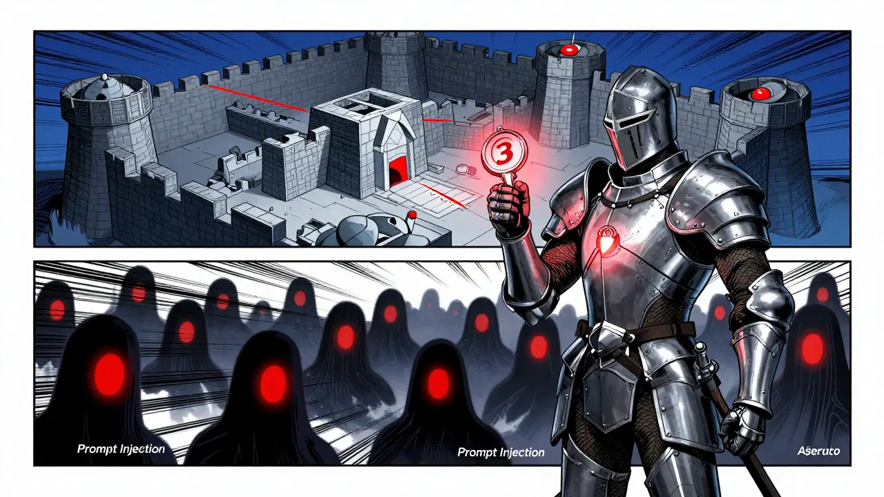 Gekiga style: Armored JWT knight defending fortress against prompt injection shadows.