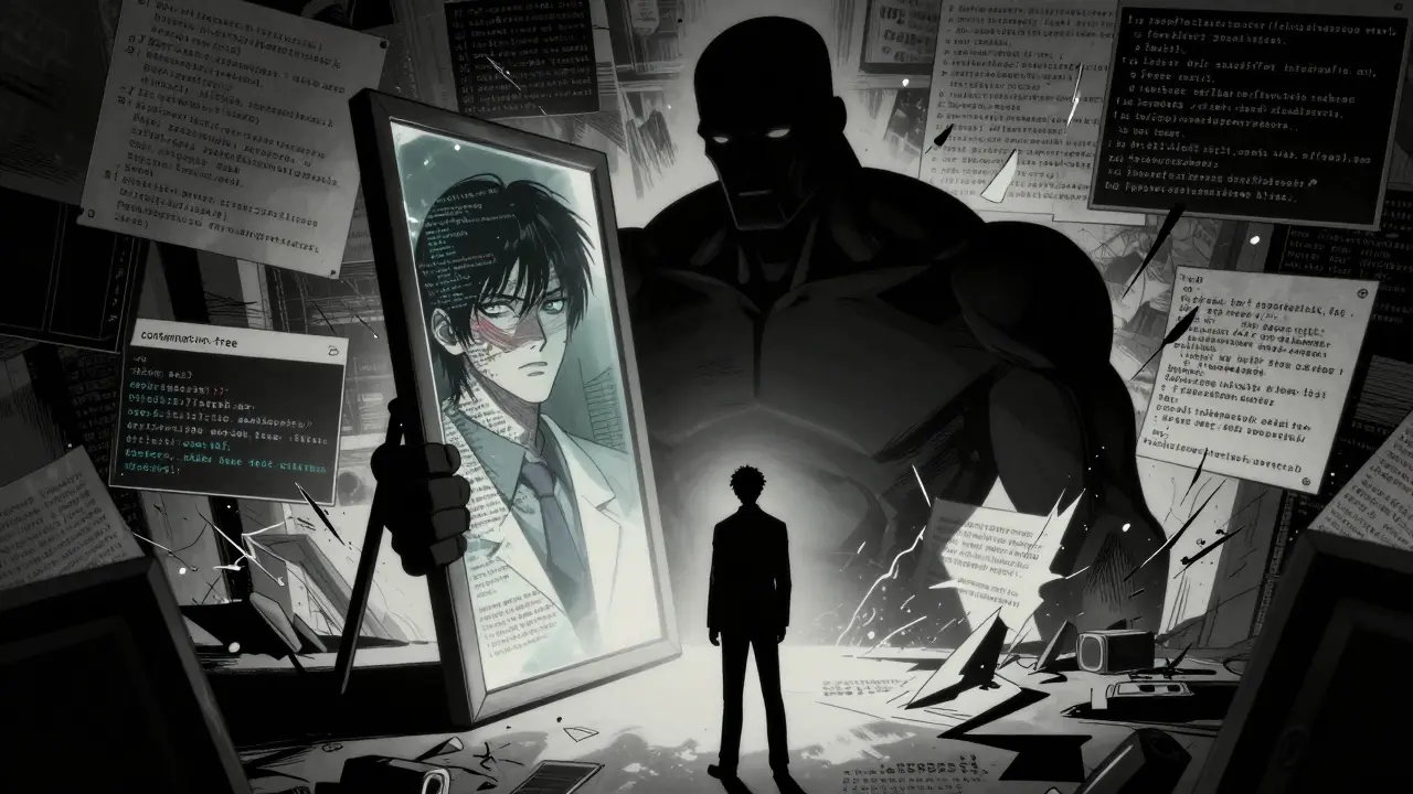 Gekiga style depiction of an AI silhouette reflecting distorted memories, highlighting the truth gap in evaluations.