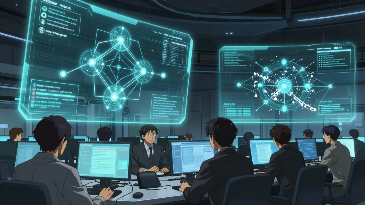 Gekiga style: Operators monitoring zero trust protocols and AI agent flows in command center.