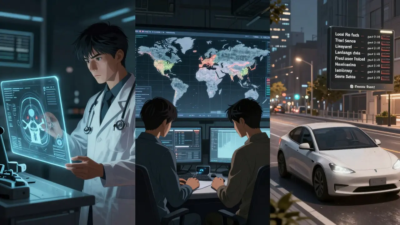 Gekiga style scene depicting doctors, bankers, and cars using federated AI tech.