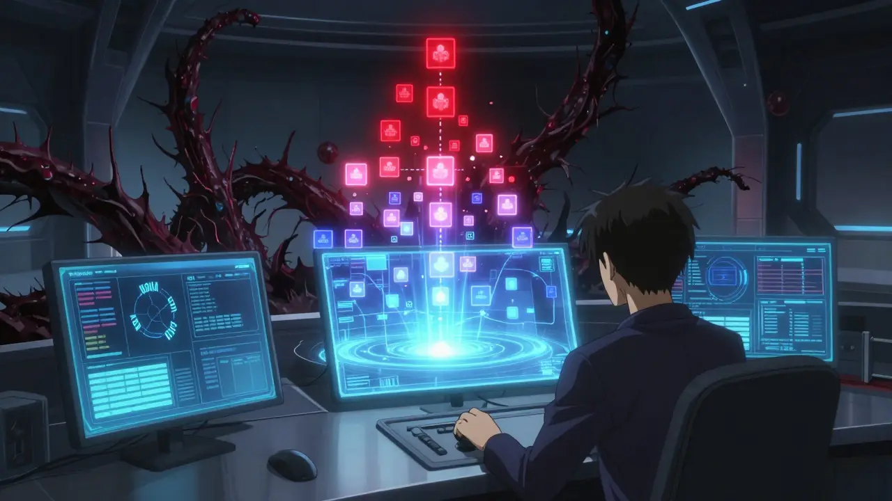 Gekiga style scene of an operator managing dynamic AI privilege levels against attacks