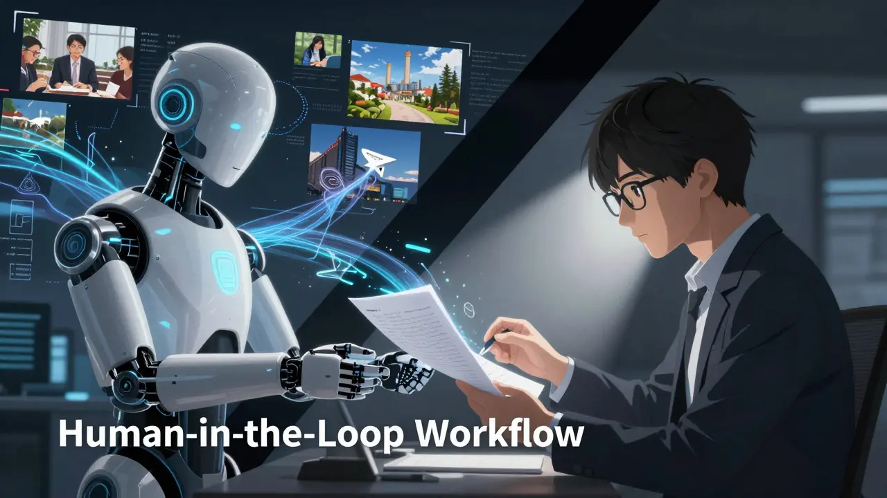 Human editor collaborating with AI agent in a high-tech workflow setting.