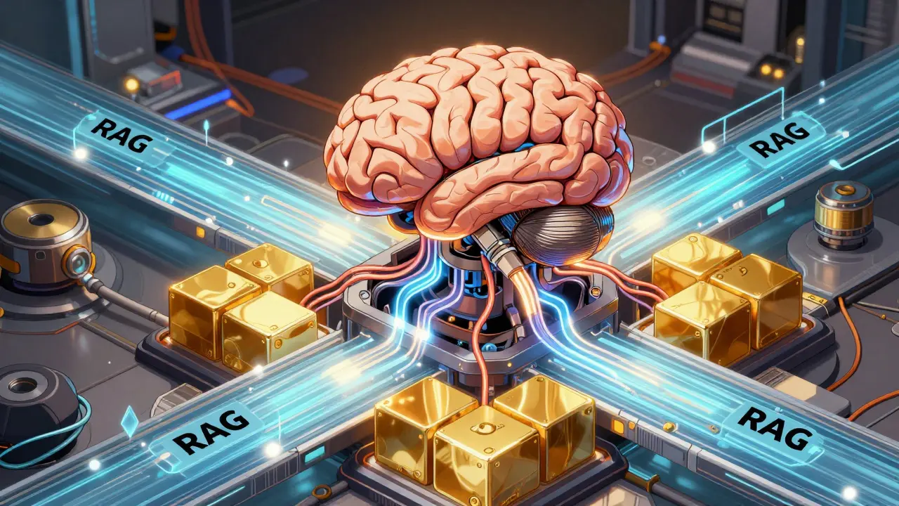 Hybrid AI system combining fine-tuning and RAG for optimal performance.