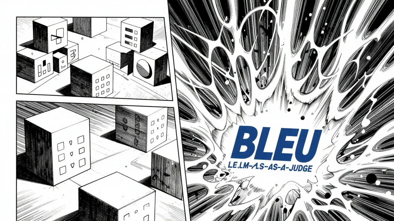Manga art contrasting rigid old benchmarks with fluid semantic AI evaluation methods.