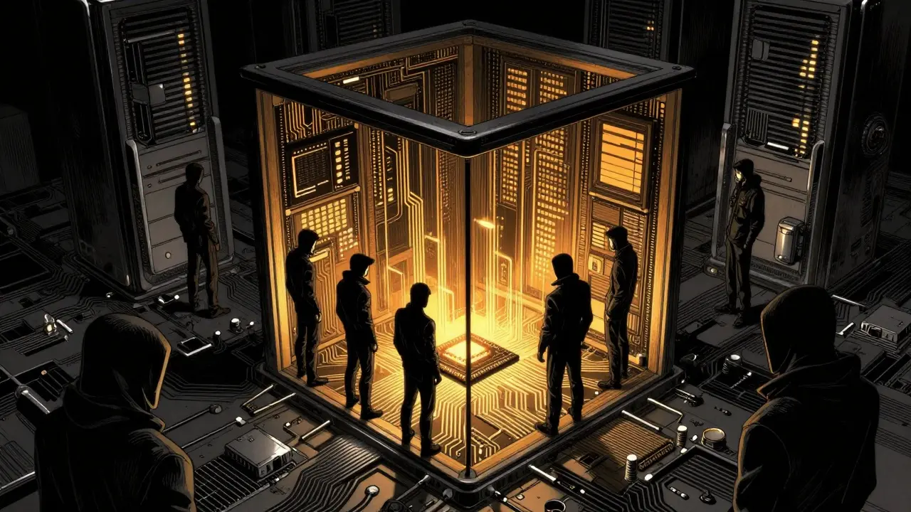 Manga illustration of a secure hardware enclave protecting data