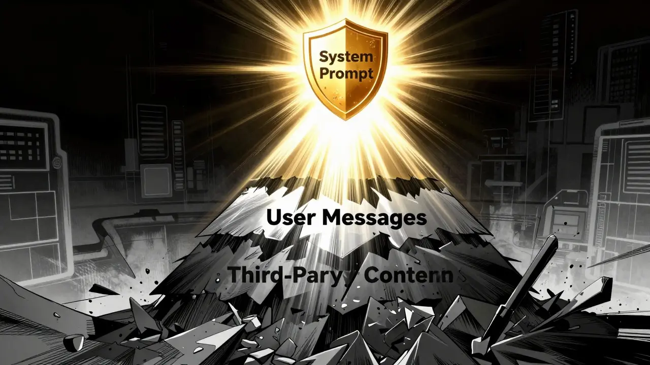 Manga illustration of a three-tier instruction hierarchy pyramid suppressing lower inputs