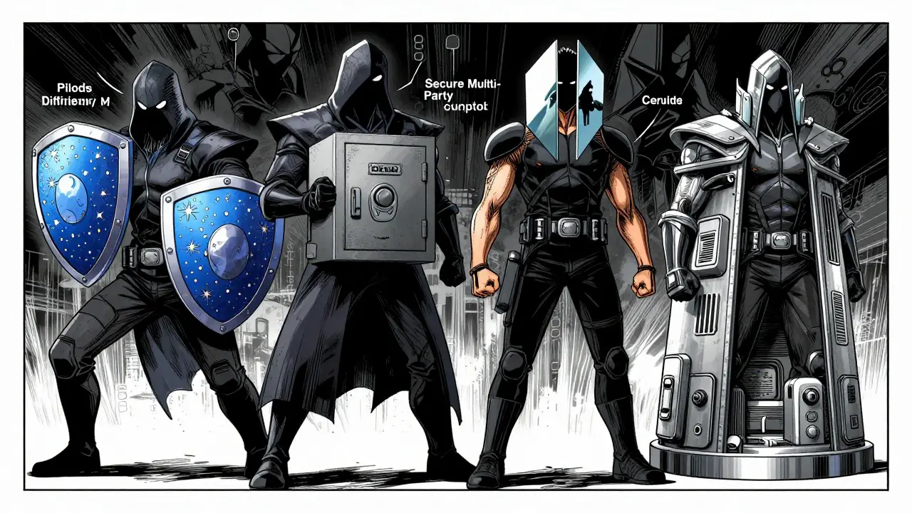 Manga illustration of four guardians symbolizing privacy techniques protecting AI data.
