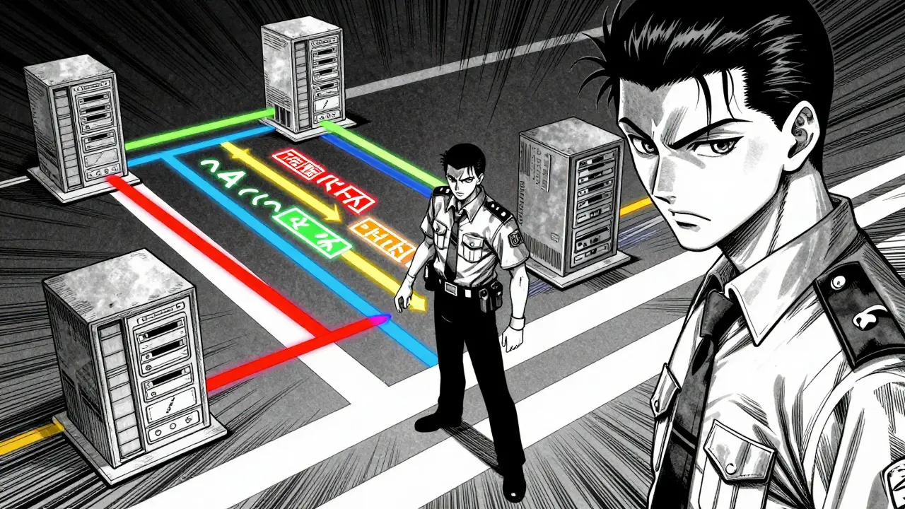 Manga traffic controller directing data to specialized expert nodes in high-contrast style