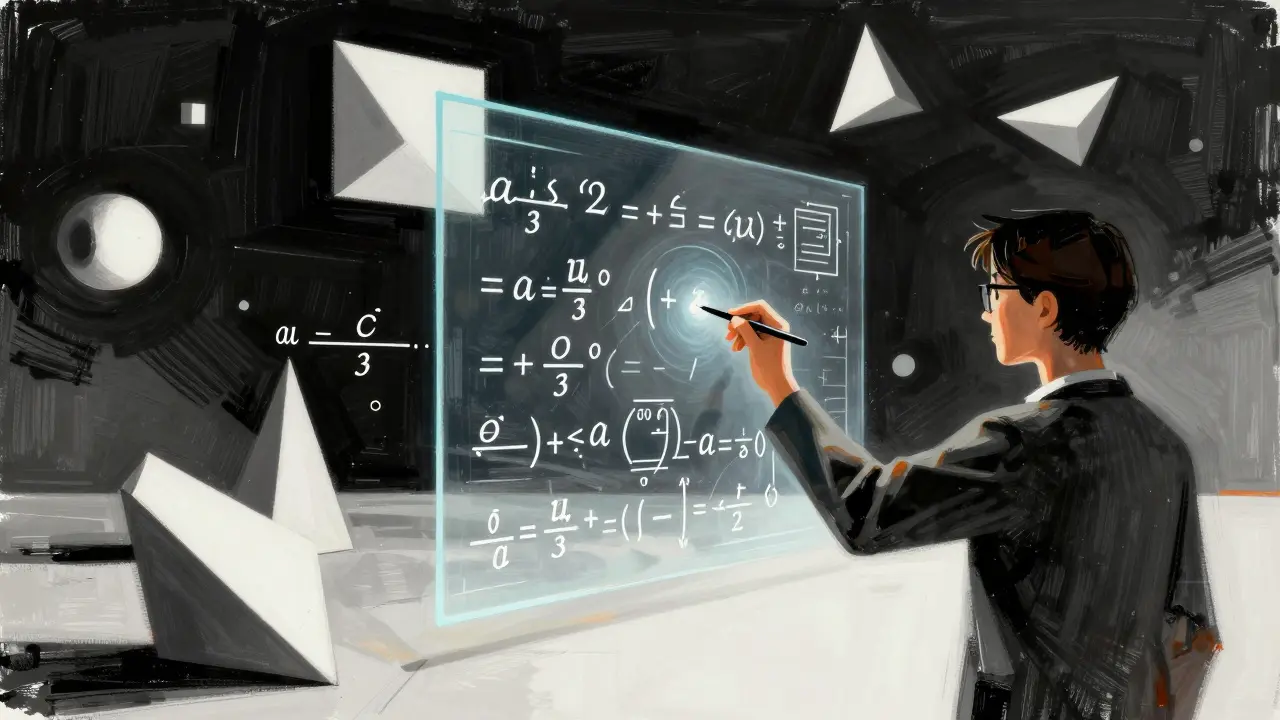 Mathematician solving complex equations in an abstract, geometric environment.