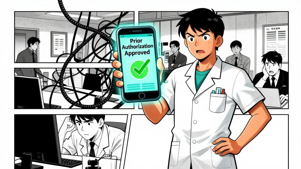 Medical staff using AI to instantly approve prior authorizations, reducing admin stress.