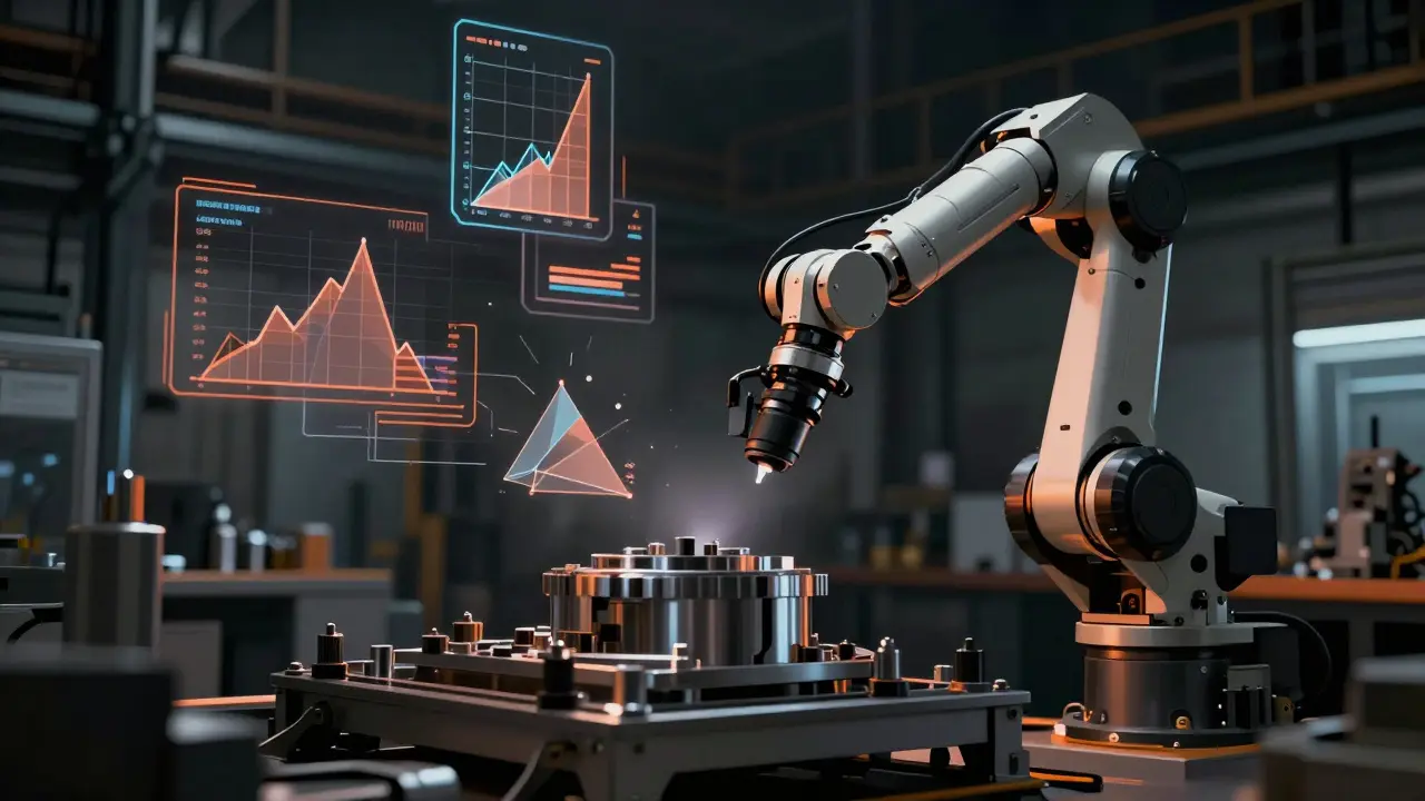 Robotic arm inspecting parts on a factory floor with data overlays