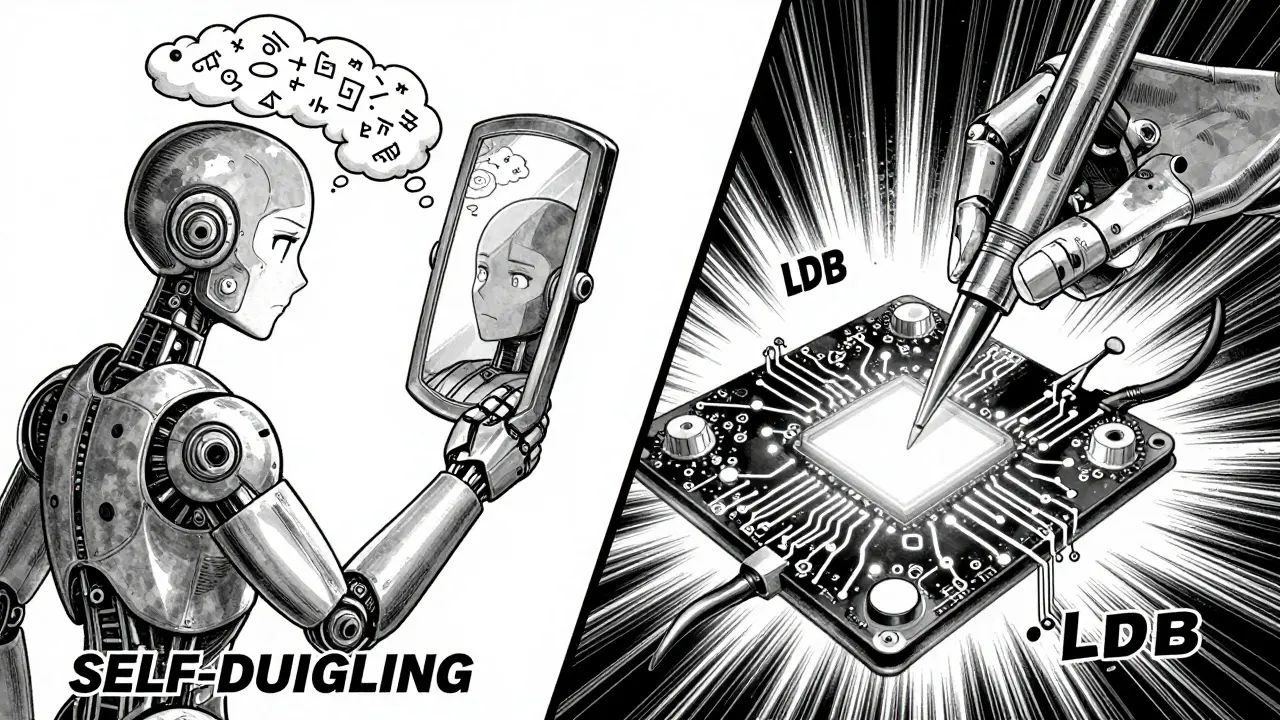 Split view comparing self-debugging reflection vs surgical code analysis