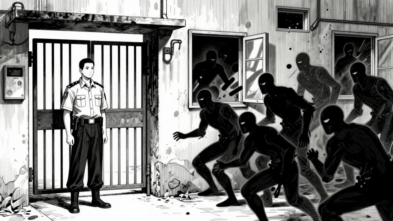 Static security vs dynamic AI threats depicted in high-contrast Gekiga style