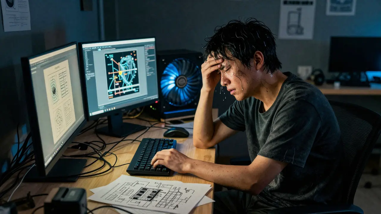 Stressed developer dealing with overheating tech and battery issues