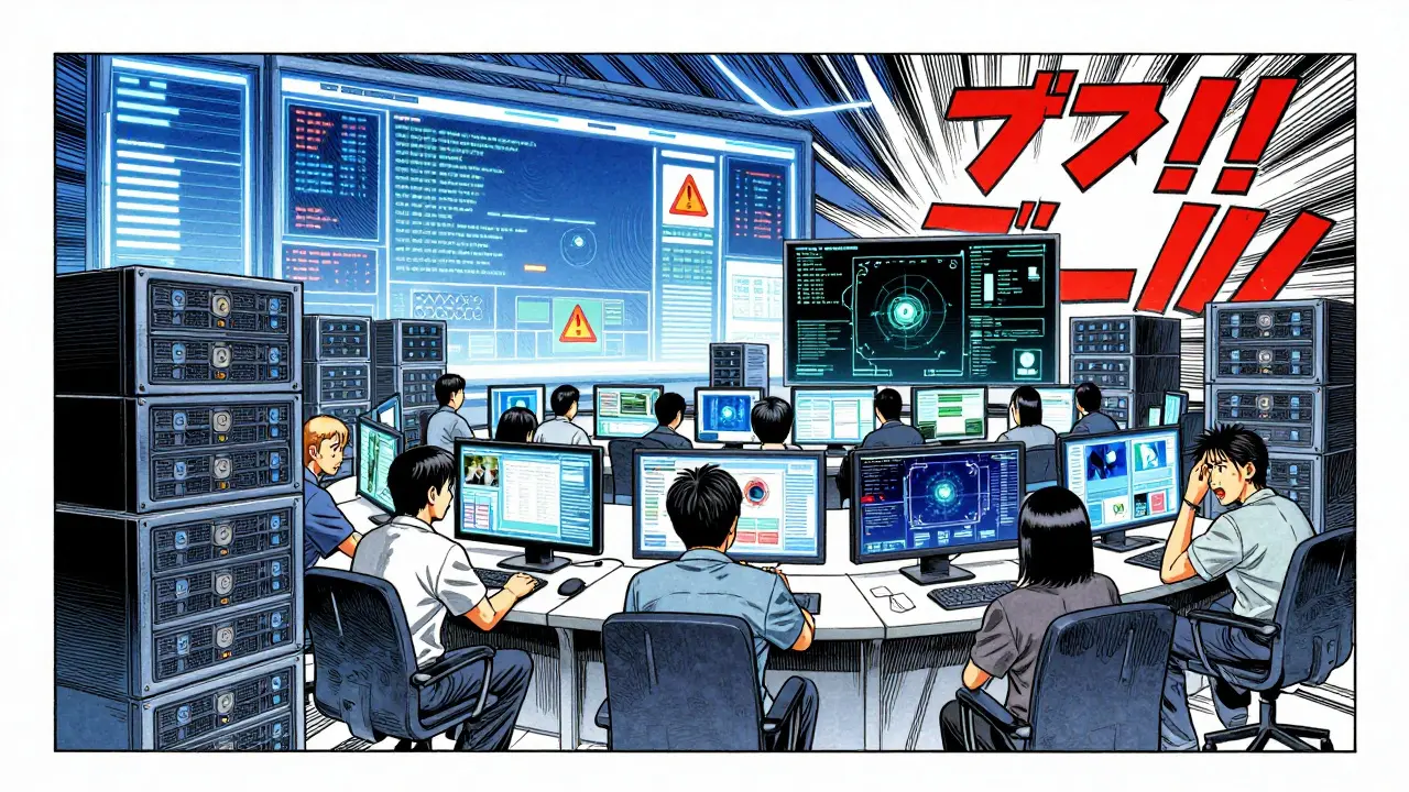 Stressed moderator in high-tech room analyzing AI content