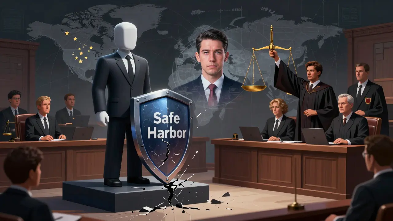 Symbolic courtroom scene showing eroding safe harbor laws
