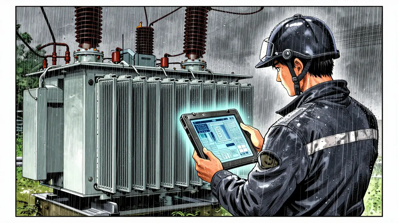 Technician using tablet guide to repair transformer