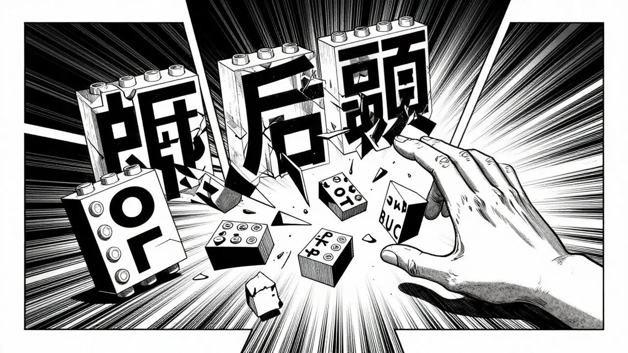 Text breaking into token blocks like Legos in dramatic manga art