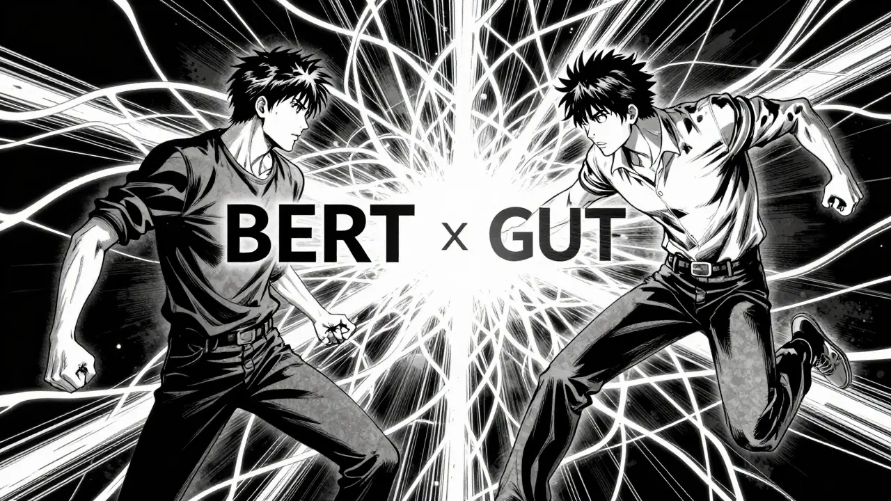 Two anime figures merging into one, symbolizing hybrid AI model architecture.