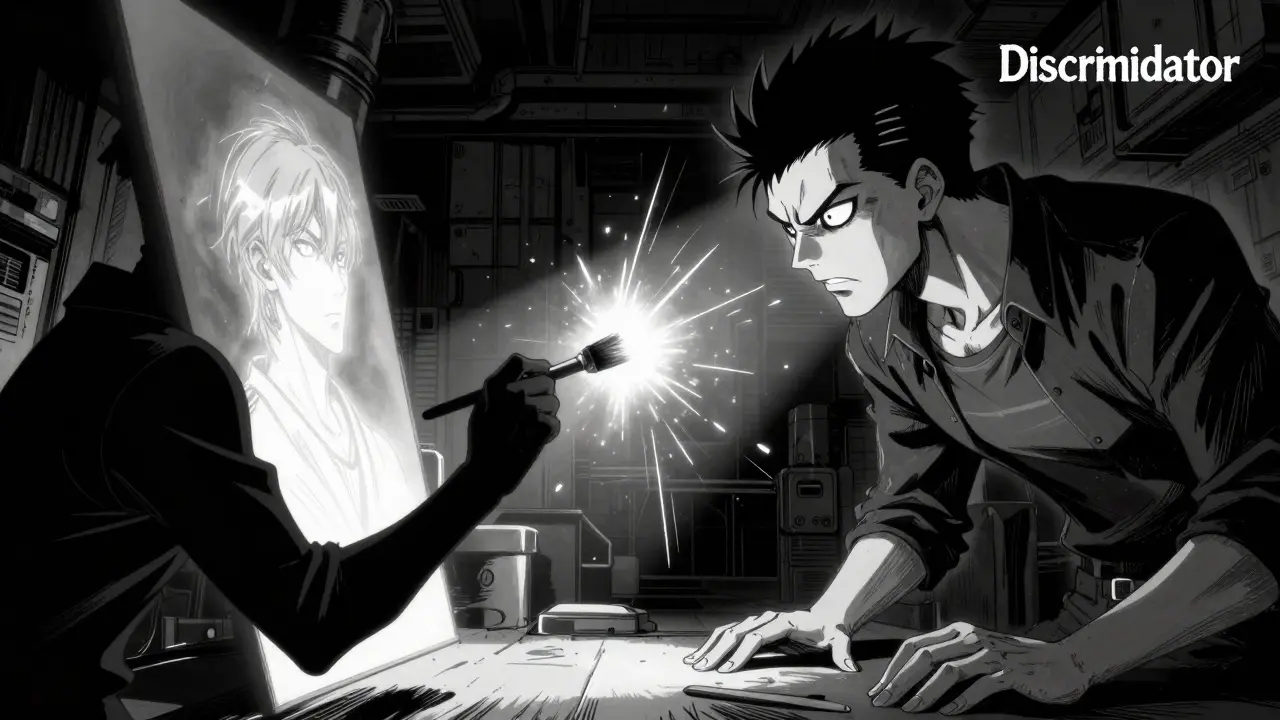 Two figures battling in a Gekiga style AI arena