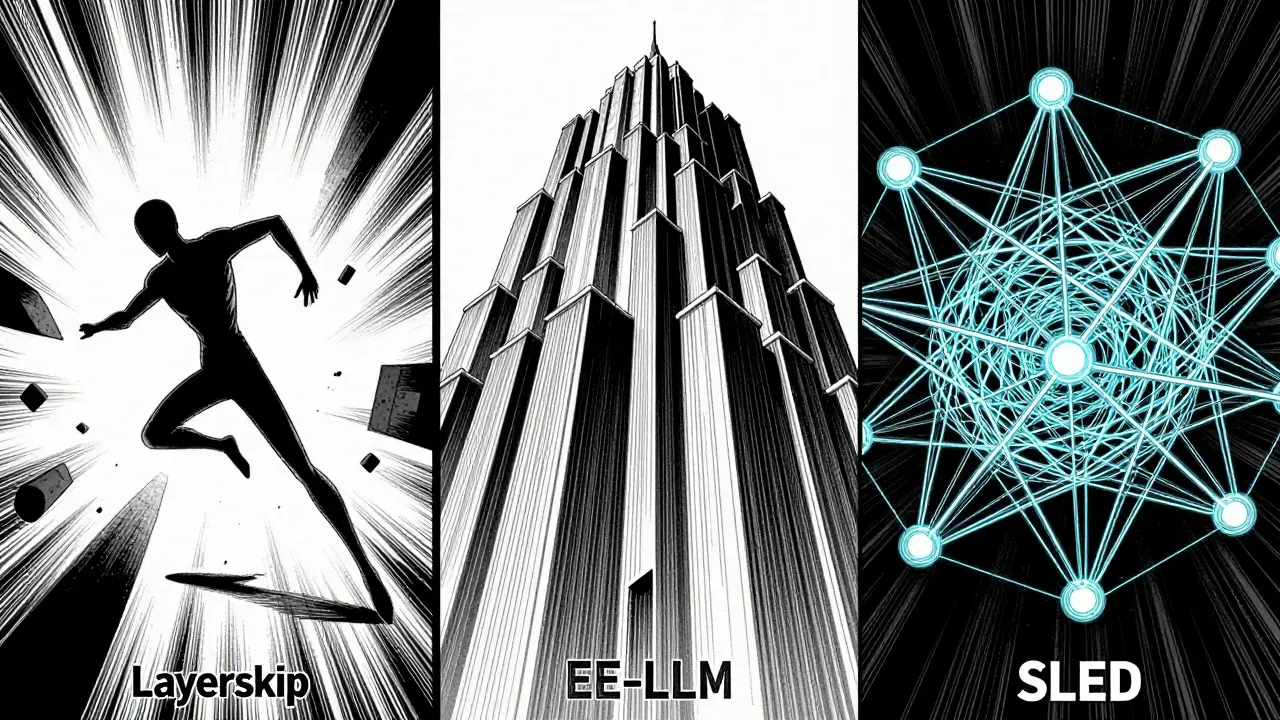 Abstract representation of LayerSkip, EE-LLM, and SLED