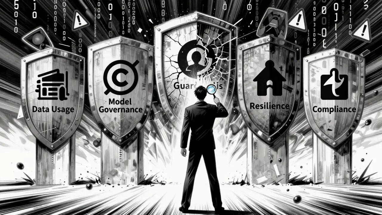 Analyst inspecting risk pillars in high-contrast manga art