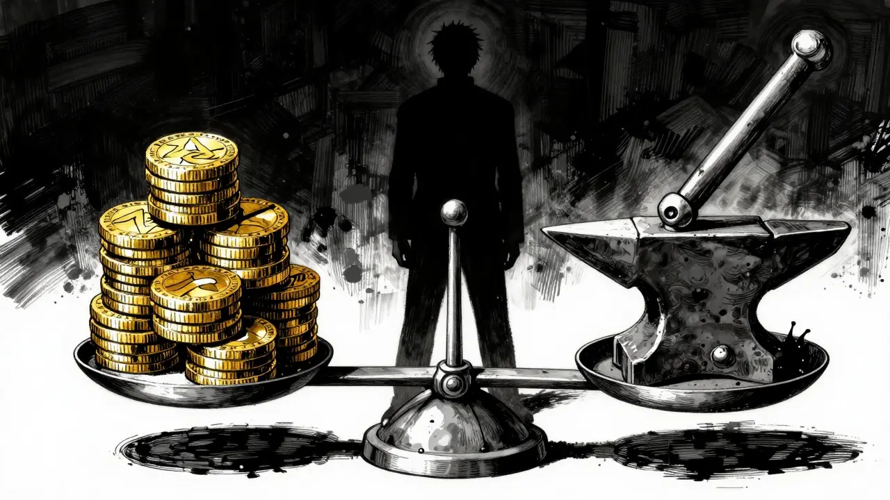 Balance scale weighing speed against technical debt in noir manga art